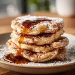 Spanish churro pancakes topped with chocolate sauce and cinnamon sugar