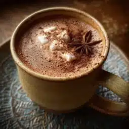 Spiced hot cocoa drink in a mug, topped with cinnamon and whipped cream.