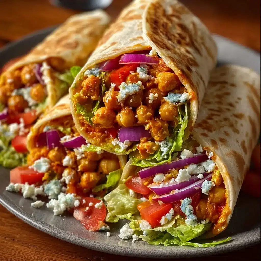 Delicious spicy Buffalo Chickpea Wraps served on a plate.