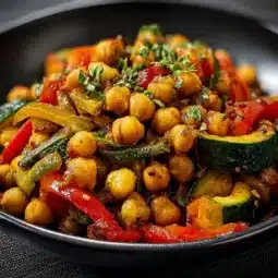 Spicy chickpea stir-fry with vibrant vegetables in a skillet