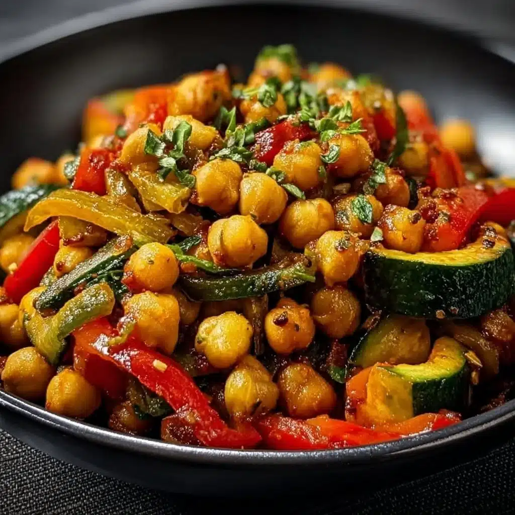 Spicy chickpea stir-fry with vibrant vegetables in a skillet