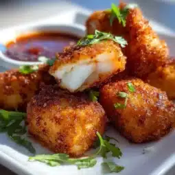 Crispy spicy fish nuggets served with dipping sauce on a plate