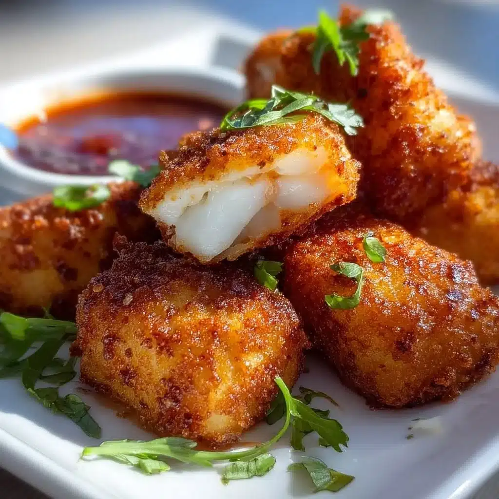 Crispy spicy fish nuggets served with dipping sauce on a plate