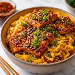 A delicious bowl of Spicy Garlic Chicken and Broccoli Noodles garnished with scallions.
