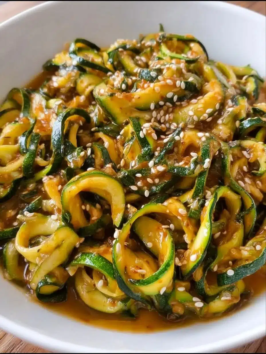 Plate of spicy garlic Chinese zucchini noodles garnished with vegetables
