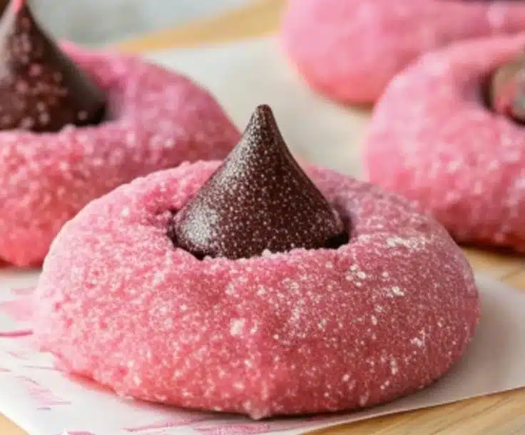 Plate of freshly baked Strawberry Kiss Cookies with chocolate hearts