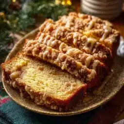 Slice of sweet eggnog bread topped with icing, ideal for holiday baking.