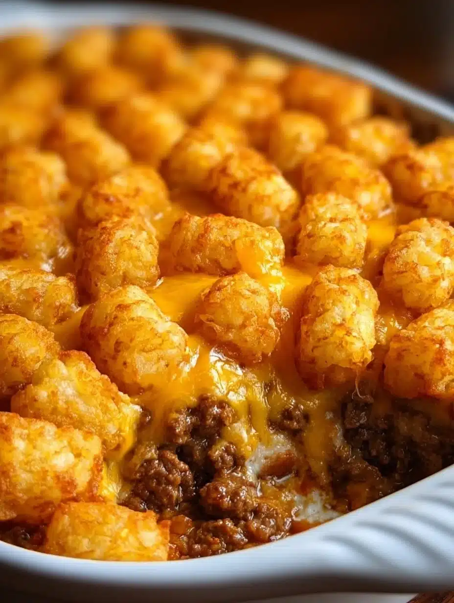 Tater Tot Casserole with Ground Beef served in a baking dish