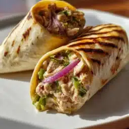 Delicious tuna wrap filled with fresh vegetables and creamy dressing.