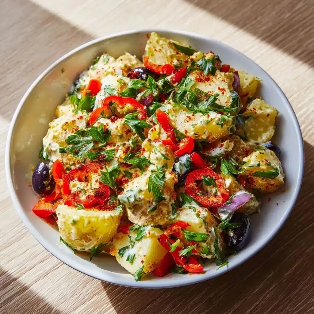 Bowl of Turkish Potato Salad with fresh vegetables and herbs