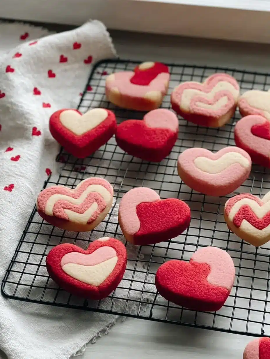 Valentine's Day sandwich cookies with festive decorations and heart-shaped designs.