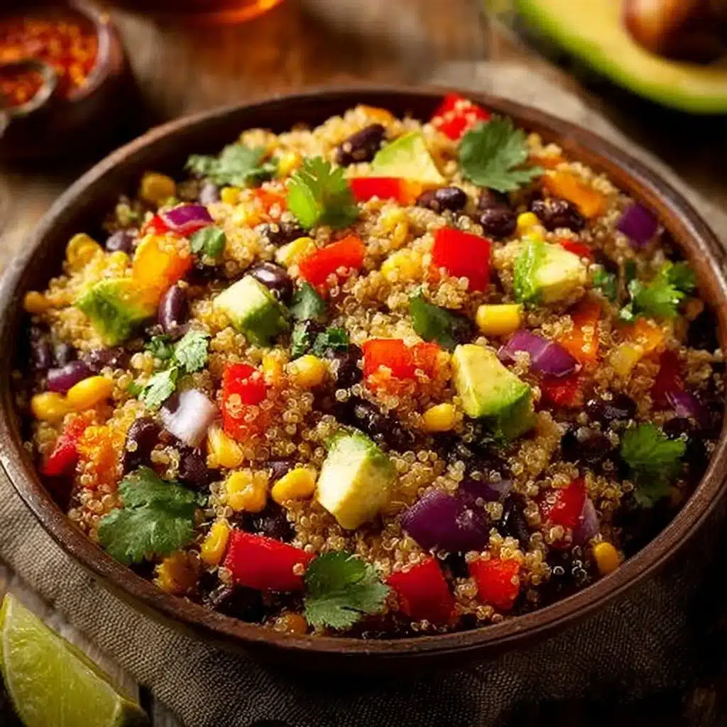 Colorful Tex Mex Quinoa Salad with fresh vegetables and toppings