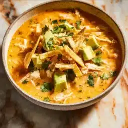 Bowl of creamy white chicken chili topped with cilantro and avocado