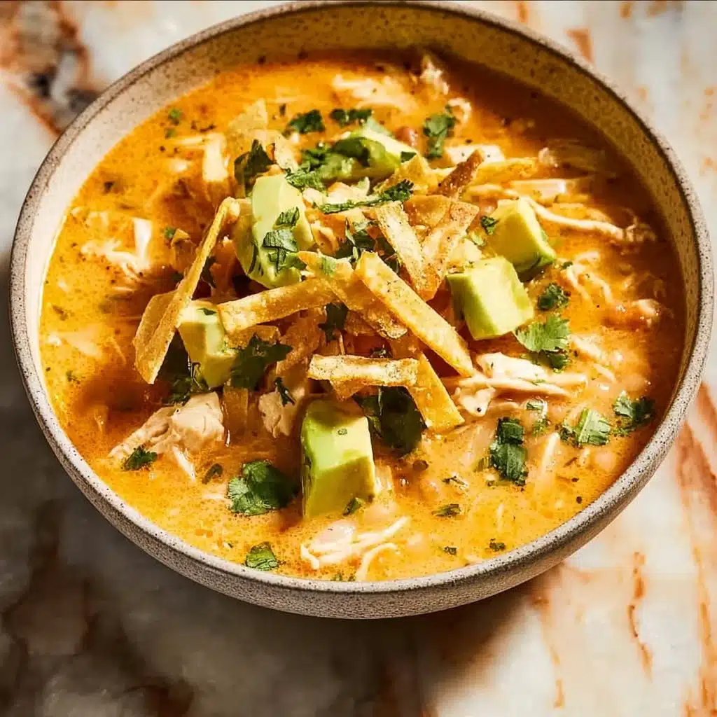 Bowl of creamy white chicken chili topped with cilantro and avocado