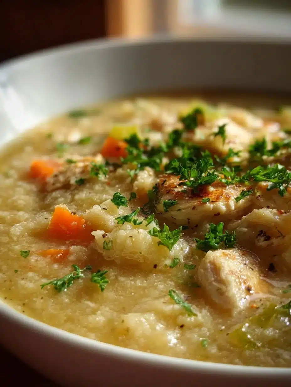 Bowl of anti-inflammatory cauliflower chicken soup topped with herbs