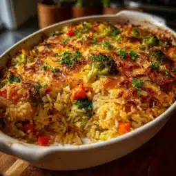 Delicious 30-minute veggie rice bake topped with fresh vegetables and cheese