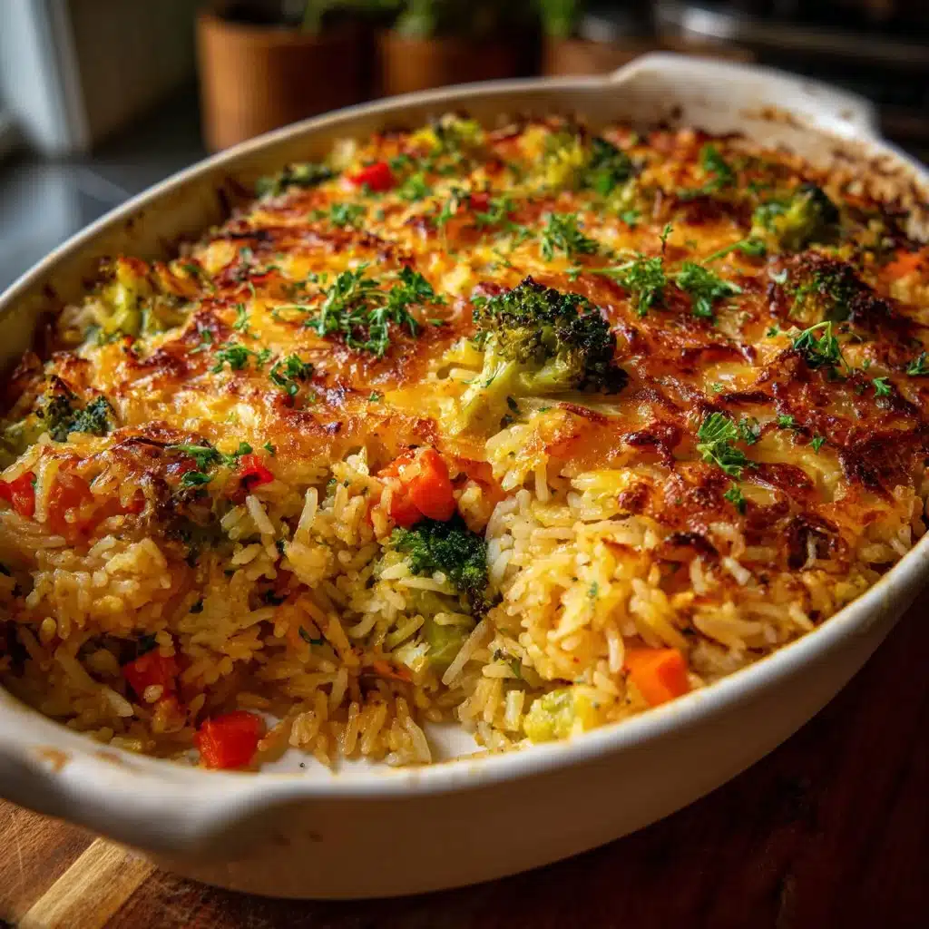 Delicious 30-minute veggie rice bake topped with fresh vegetables and cheese
