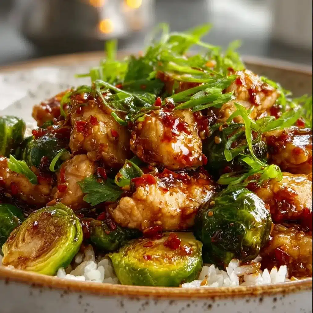 Air fryer sweet chili chicken served with Brussels sprouts on a plate
