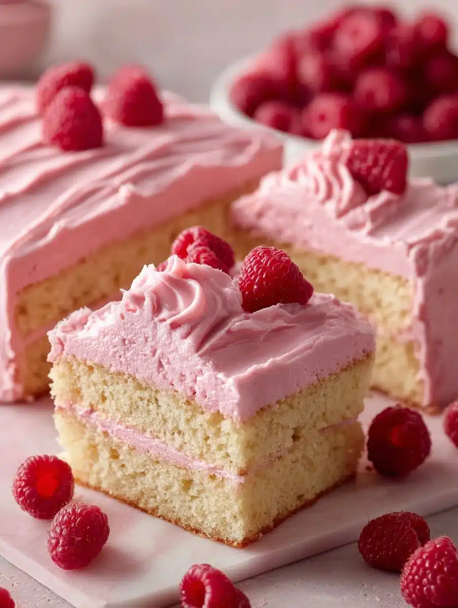 Sliced Almond Raspberry Cake garnished with fresh raspberries on a white plate