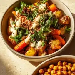 Anti-Inflammatory Glow Bowl topped with Tahini Yogurt served in a colorful bowl