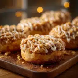 Delicious apple cheesecake buns on a wooden table, garnished with apple slices.