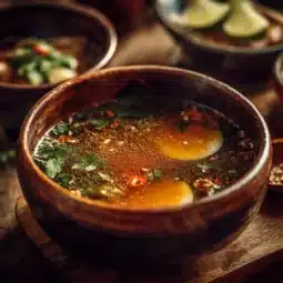 Aromatic Thai broth infused with herbs and spices for authentic flavor