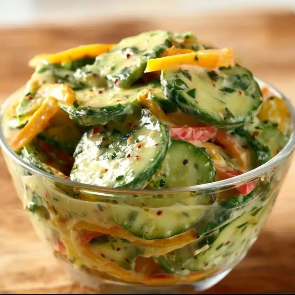 Delicious Asian cucumber salad bowl with fresh vegetables and dressing