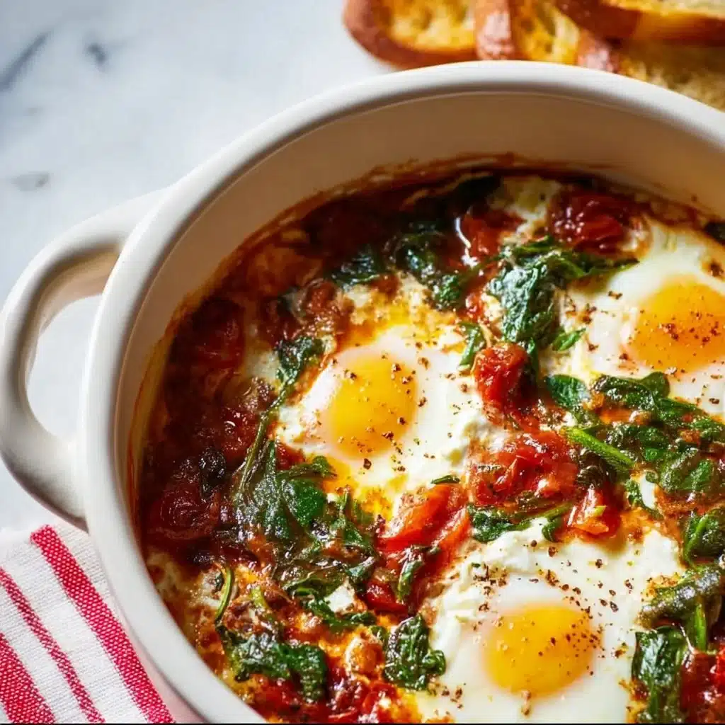 Delicious baked feta eggs served in a rustic dish, garnished with herbs.