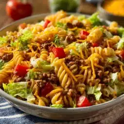 Big Mac Pasta Salad featuring pasta, beef, lettuce, and special sauce