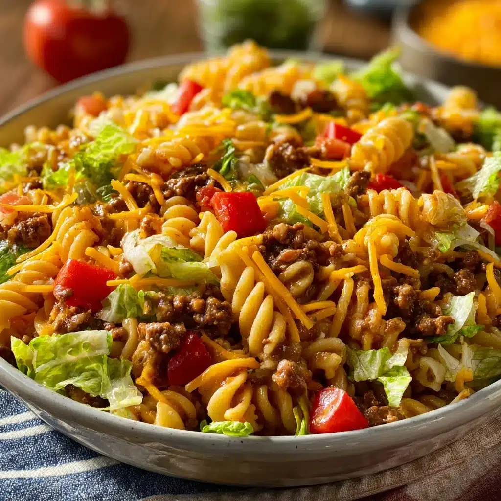 Big Mac Pasta Salad featuring pasta, beef, lettuce, and special sauce