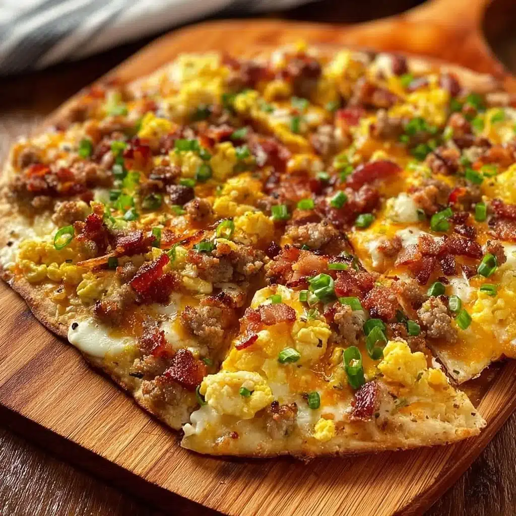 Delicious breakfast pizza topped with eggs, cheese, and vegetables