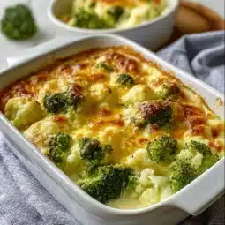 Broccoli and cauliflower cottage cheese bake served in a casserole dish.