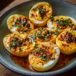 Cajun boiled eggs served with spicy garlic butter sauce on a plate