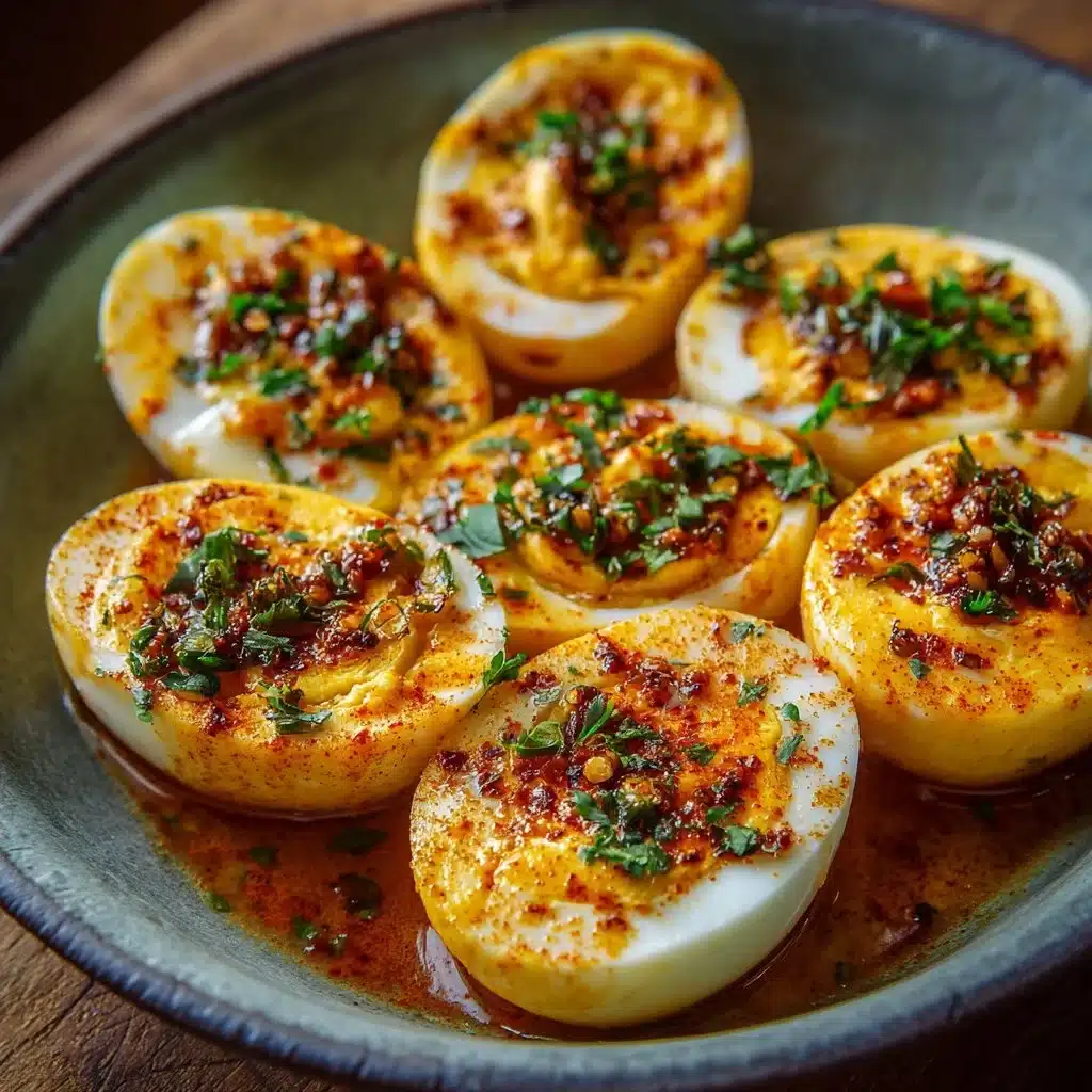 Cajun boiled eggs served with spicy garlic butter sauce on a plate