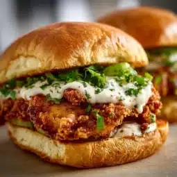 Cajun crispy chicken sandwich with garlic aioli on a wooden board