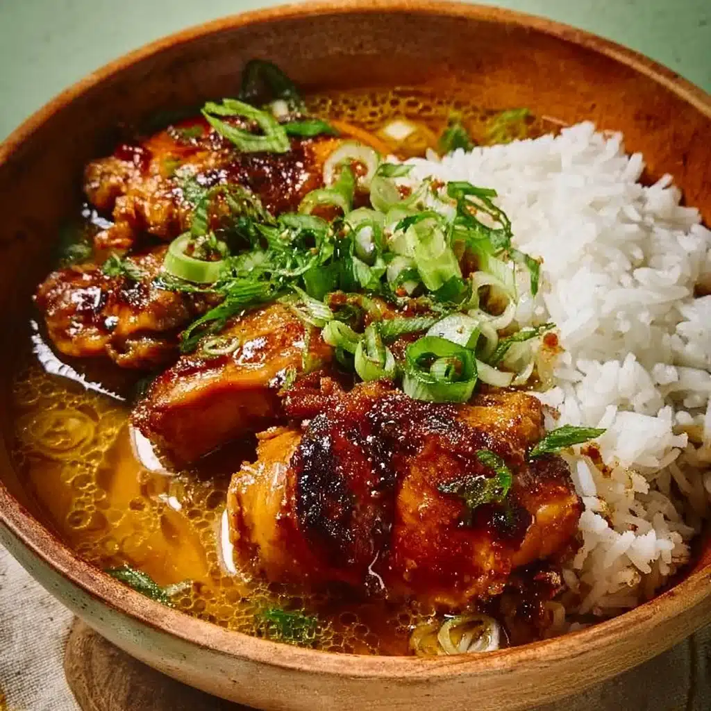 Caramelised soy chicken served in garlic ginger broth