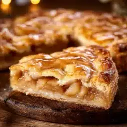 Chicago-style apple slices on a wooden plate garnished with cinnamon and sugar