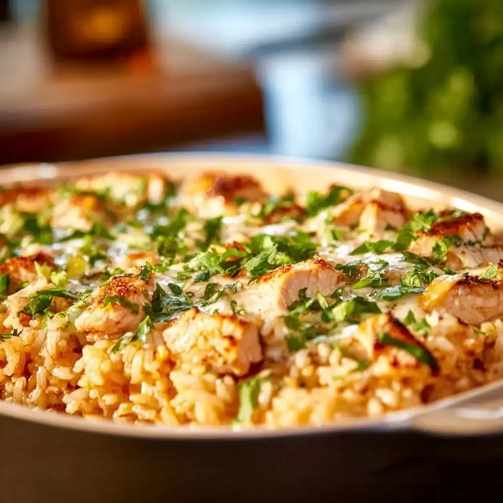 Delicious Chicken and Rice Casserole topped with cheese and herbs