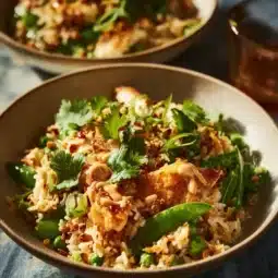 Delicious Chicken Crispy Rice Salad topped with peanut dressing
