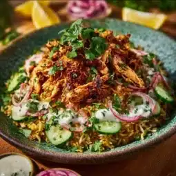 Chicken shawarma crispy rice salad with fresh vegetables and spices