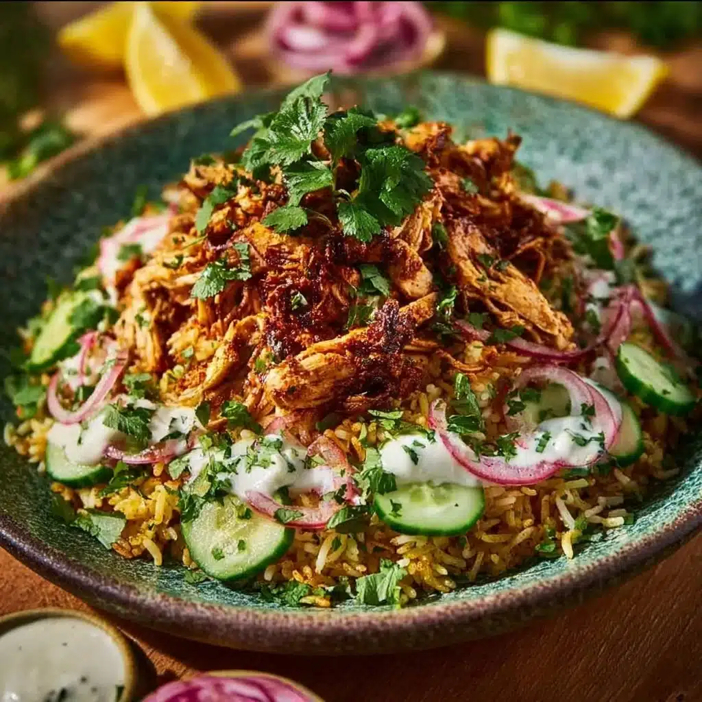 Chicken shawarma crispy rice salad with fresh vegetables and spices