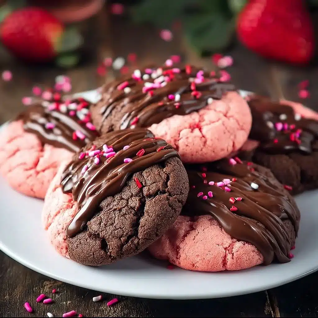 Chocolate Covered Strawberry Cookies on a plate with fresh strawberries