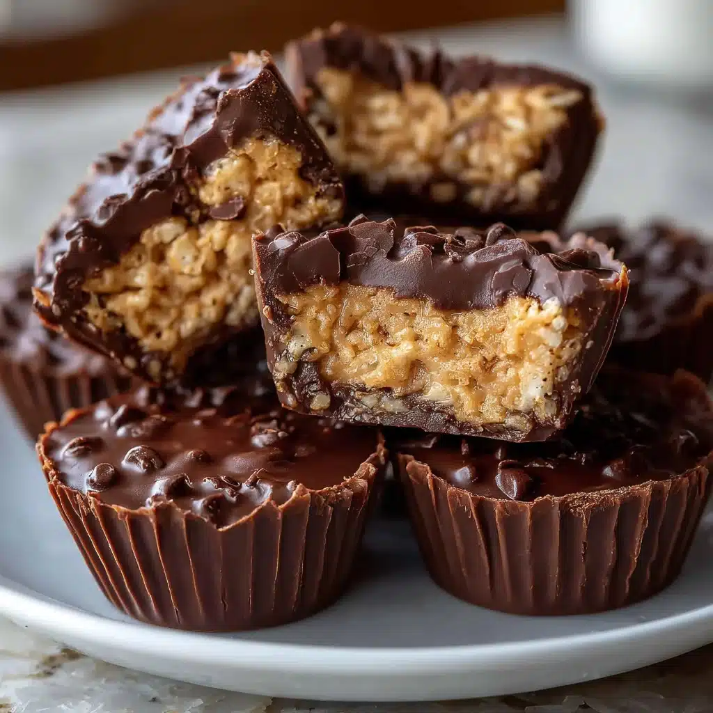 Chocolate Peanut Butter Rice Krispie Cups topped with chocolate drizzle