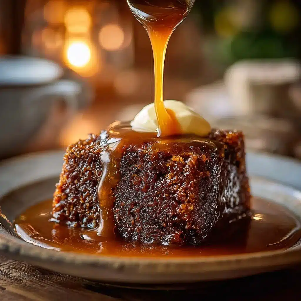 A serving of classic sticky toffee pudding drizzled with toffee sauce