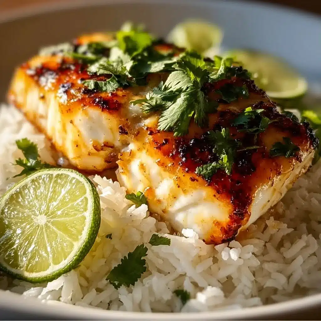 Plate of Coconut Lime Fish garnished with fresh herbs and lime slices