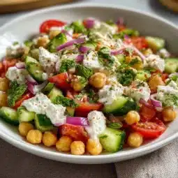 Cottage cheese and chickpeas salad served in a bowl with fresh vegetables