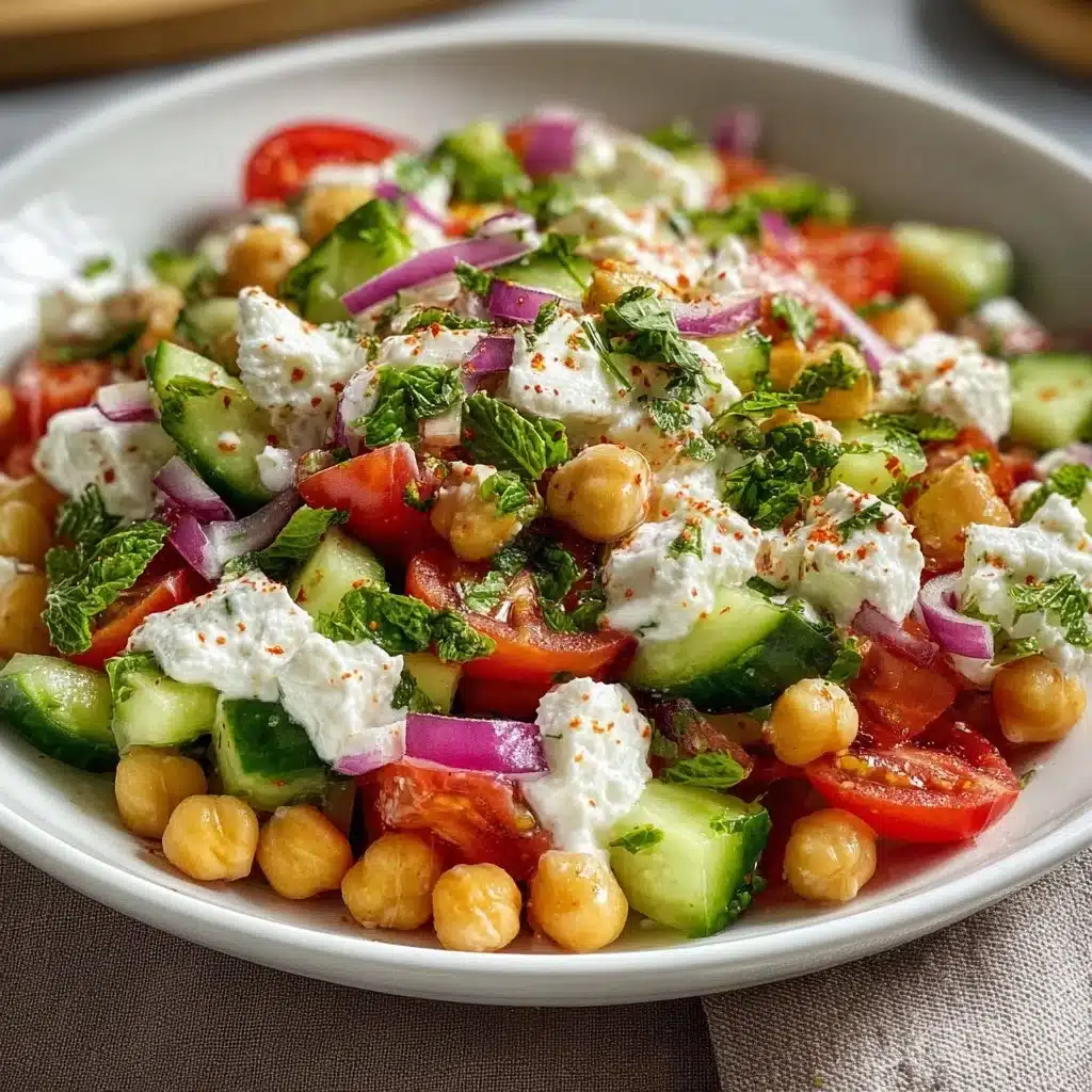 Cottage cheese and chickpeas salad served in a bowl with fresh vegetables