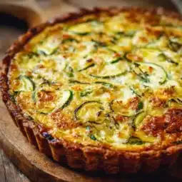 Cottage cheese zucchini quiche served on a plate with fresh herbs.