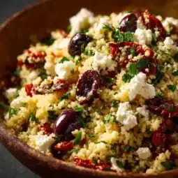 Couscous Olive Feta Salad with fresh vegetables and herbs