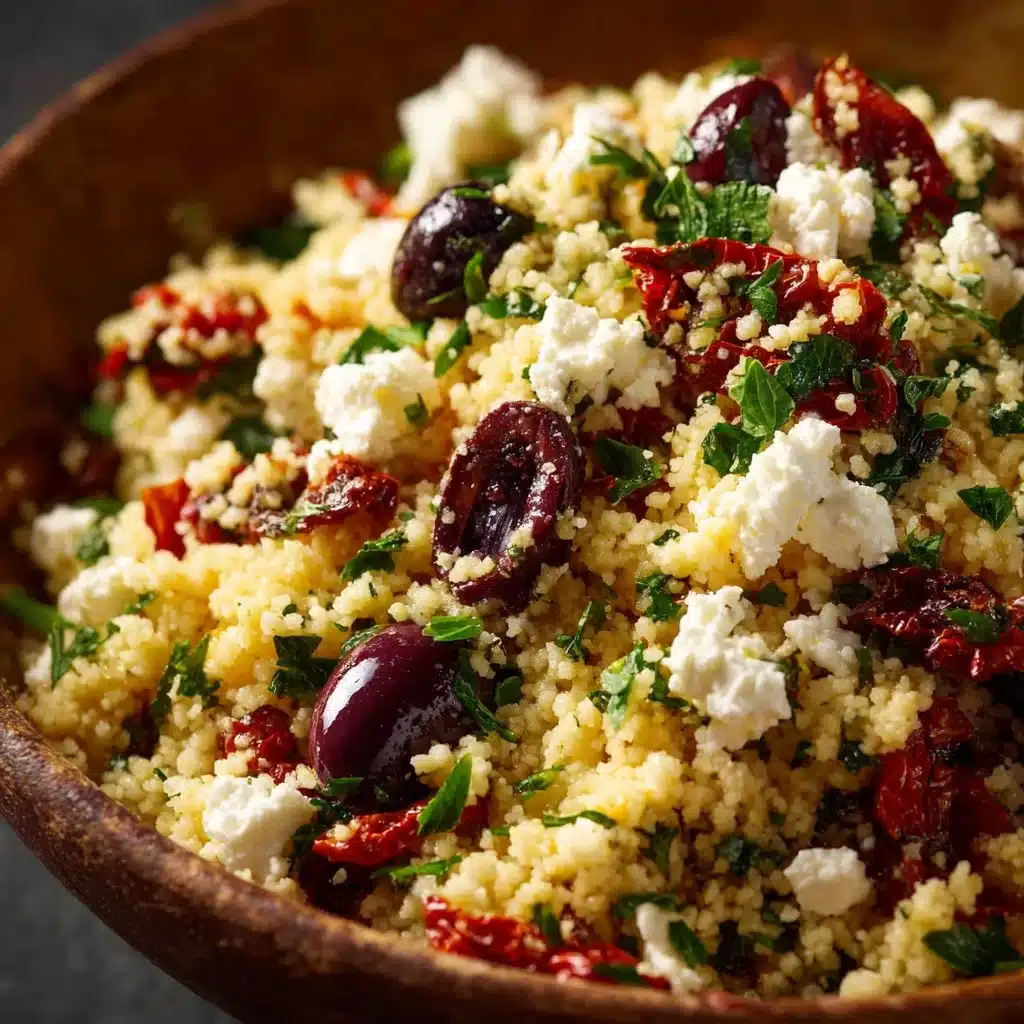 Couscous Olive Feta Salad with fresh vegetables and herbs